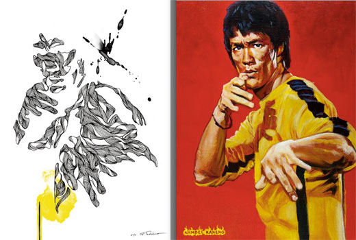 Bruce Lee paintings by Tetsuya Toshima and Nampei Kaneko. Click for photos of the Bruce Lee show